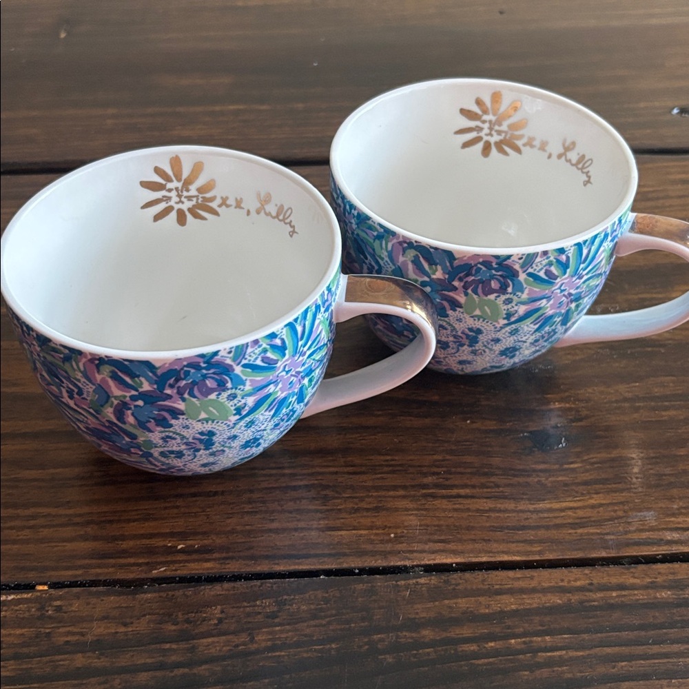 "Lilly Pulitzer" Coffee Mugs Blue Green Floral with Gold Trim 12 oz Set of 2 - Picture 3 of 4